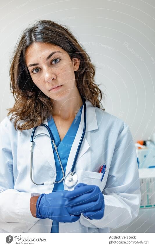 Junge Ärztin in Uniform mit Stethoskop und blauen Handschuhen schaut in die Kamera Frau Arzt medizinisch Klinik Krankenhaus Spezialist Krankenpfleger