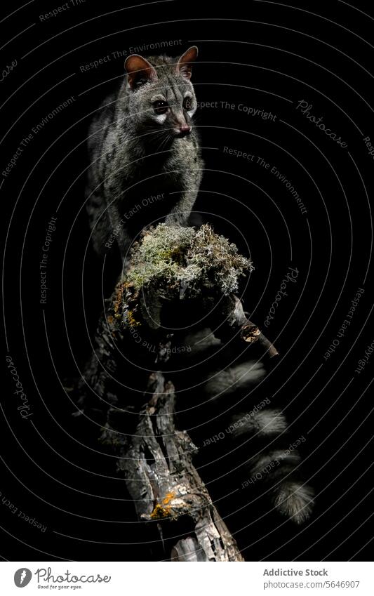 Nächtliches Tier auf einem moosbewachsenen Ast vor schwarzem Hintergrund nachtaktiv moosbedeckt schwarzer Hintergrund geheimnisvoll wild Kreatur Natur Tierwelt
