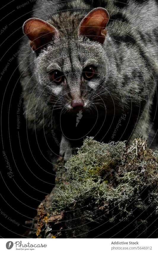 Intensiver Blick eines Nachttieres in der Dunkelheit Tier nachtaktiv Starrer Blick intensiv Auge Nahaufnahme Schatten dunkel Ast moosbedeckt gehockt Kreatur
