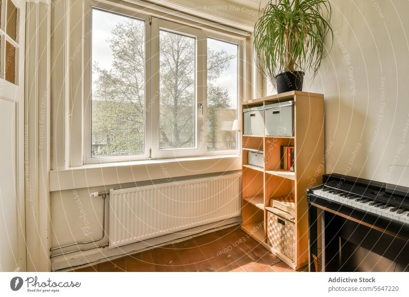 Klavier und Schrank am Fenster zu Hause Wohnzimmer Kabinett hölzern Ablage Pflanze Heizkörper Musik Instrument Buch Schachtel Container heimisch Raum modern