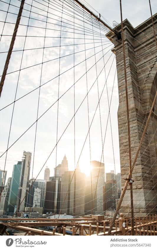 Brooklyn Bridge mit Sonnenuntergang Manhattans Skyline Brücke sonnenbeschienen Kabel Design Architektur Großstadt Fluss Wahrzeichen reisen urban Struktur Turm