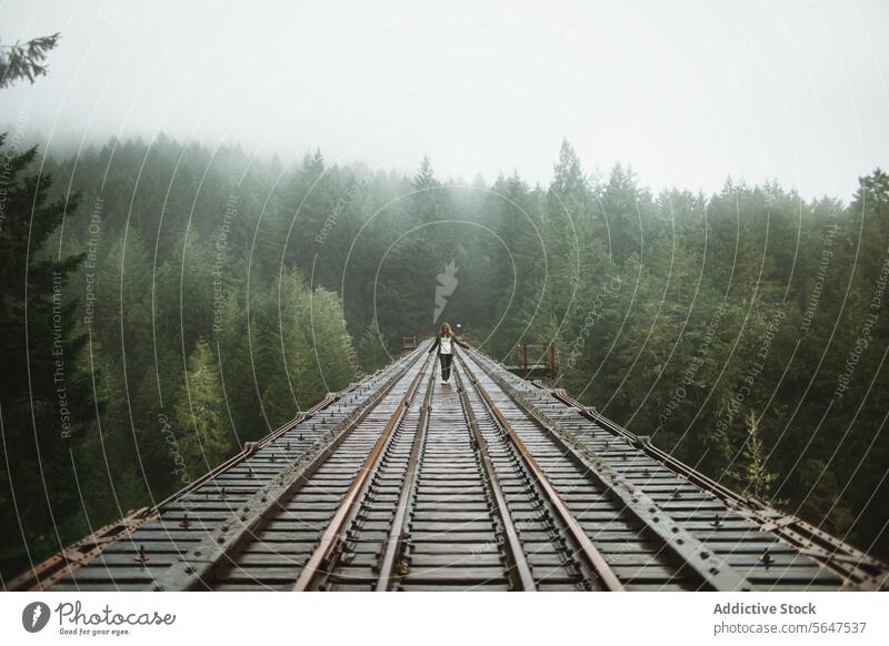 Neblige Waldeisenbahnbrücke mit einer einsamen Frau zu Fuß Person Eisenbahn Spuren Nebel Brücke Einsamkeit Vancouver Island British Columbia Kanada Natur Bäume