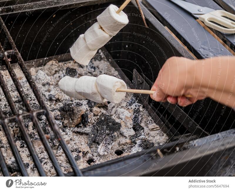 Toasting Marshmallow mit Spießchen Zuprosten Braten Person kleben Holzkohle Grillrost Maschine Picknick Brandwunde Snack geschmackvoll Lebensmittel erwärmen