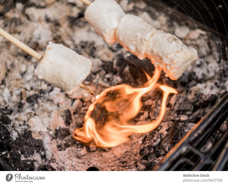Toasting Marshmallow auf Feuer mit Spieß Stick Zuprosten Braten kleben Holzkohle Grillrost Maschine Picknick Brandwunde Flamme Snack geschmackvoll Lebensmittel