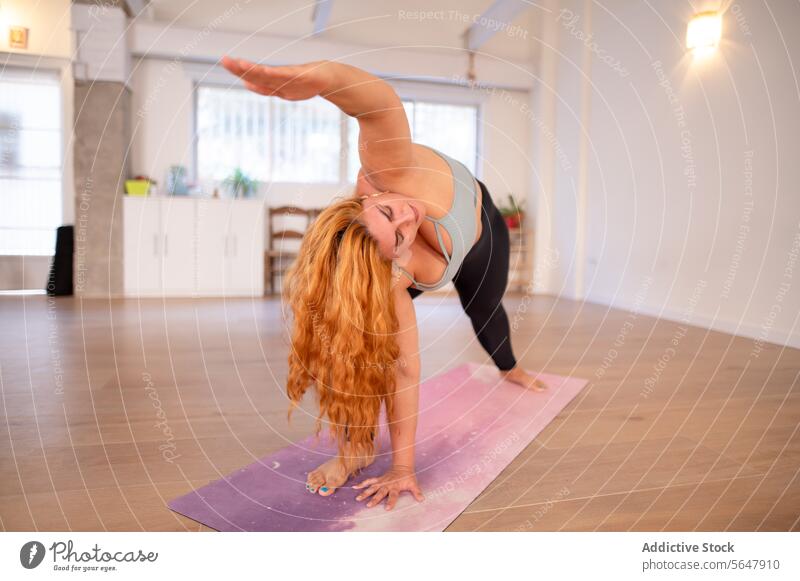 Flexible dicke Frau übt Yoga im Studio ausführen Triangel-Pose Sportbekleidung beweglich Dame passen üben Fett Atelier Lampe Dehnung Unterlage Wellness Übung