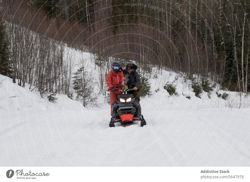 Freunde fahren Motorschlitten auf verschneitem Gelände im Wald Schneefahrzeug aktiv Landschaft deckend Nackter Baum Urlaub Winter Zusammensein Ganzkörper anonym