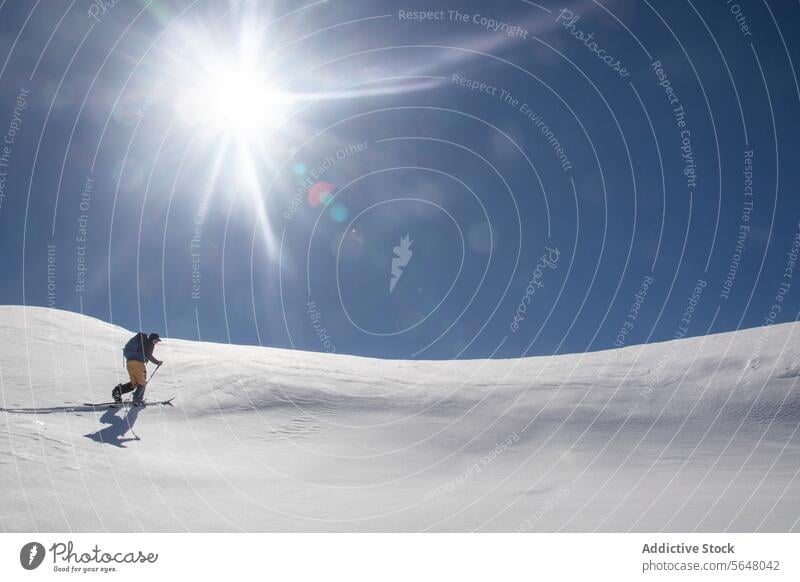 Mann beim Skifahren auf einem schneebedeckten Berg Skifahrer Berge u. Gebirge anonym Rucksack Mast Sport Schnee deckend Berghang Sonne hell Blauer Himmel sonnig