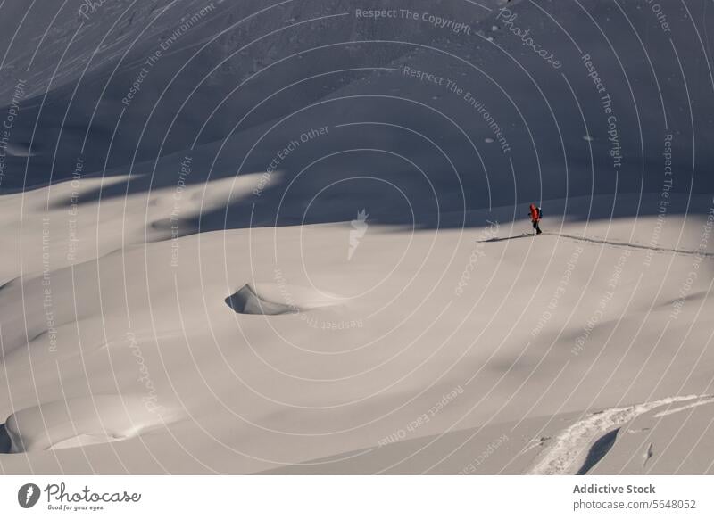 Person beim Skifahren auf einem schneebedeckten Berg Skifahrer Berge u. Gebirge Seitenansicht anonym aktiv Mast Rucksack Schnee Berghang Kanada Natur