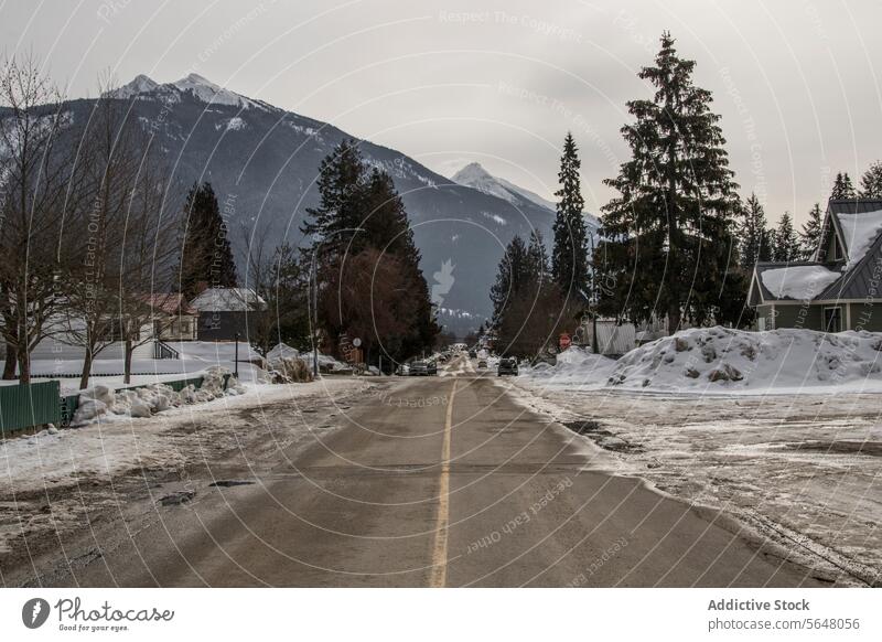 Straße mit geparkten Autos im Winter Baum Schnee Haus leer Berge u. Gebirge majestätisch Klarer Himmel Kanada abnehmend Asphalt reisen Gebäude Außenseite Wetter