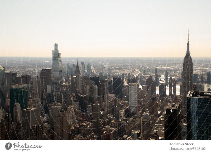 Manhattan-Skyline-Panorama, New York Empire State Building Wolkenkratzer Architektur Großstadt urban Wahrzeichen New York State Tag Klarer Himmel Horizont Turm