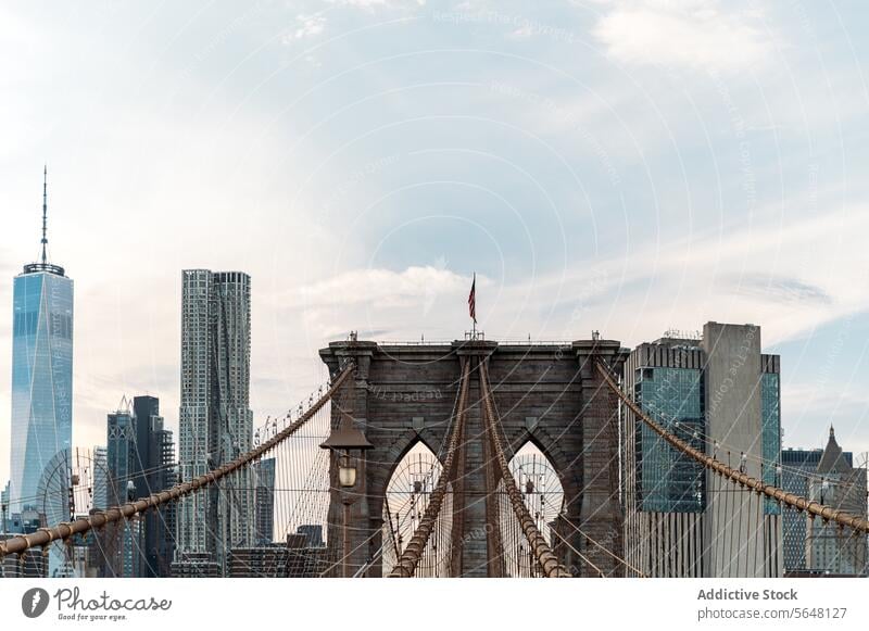 Verschlungene Brooklyn Bridge vor städtischer Kulisse Brücke Kabel Design kompliziert Manhattan Skyline Architektur Wolkenkratzer Tageslicht Stadtbild Fluss