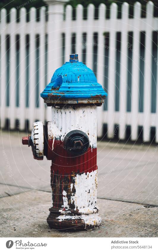 Alter Feuerhydrant im Straßenbild von Manhattan Hydrant blau rot altehrwürdig New York State Zaun weiß Streikposten Rust urban Bürgersteig Farbe abgeplatzt