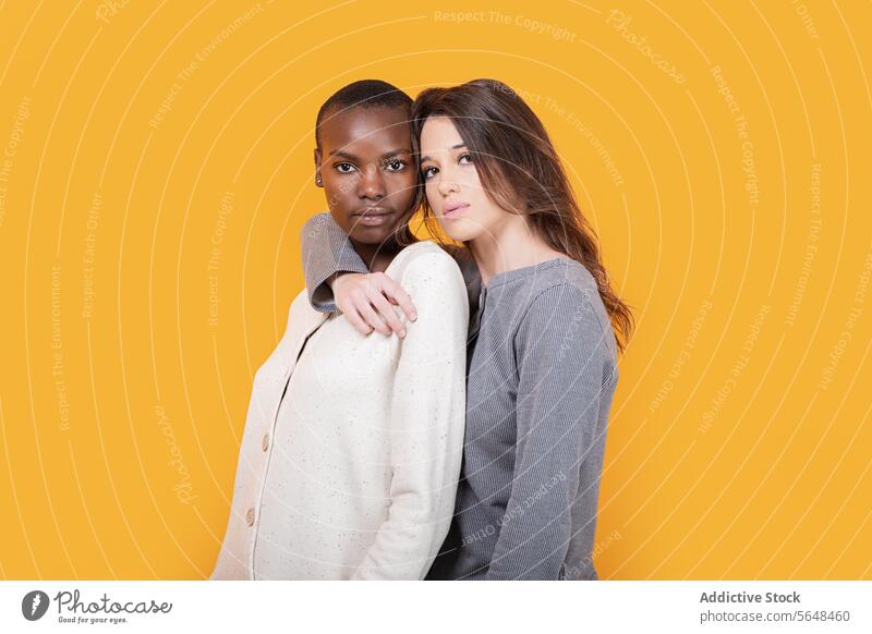 Verschiedene Frauen in Freizeitkleidung isoliert auf gelbem Hintergrund schauen in die Kamera selbstbewusst Freund rassenübergreifend jung trendy Zusammensein