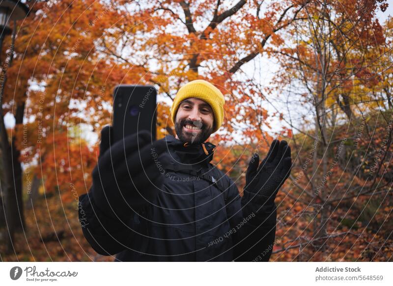 Fröhlicher bärtiger Mann winkt mit der Hand, während er im Park einen Videoanruf tätigt Smartphone Baum Herbst Natur männlich Nationalpark Gerät Mobile heiter