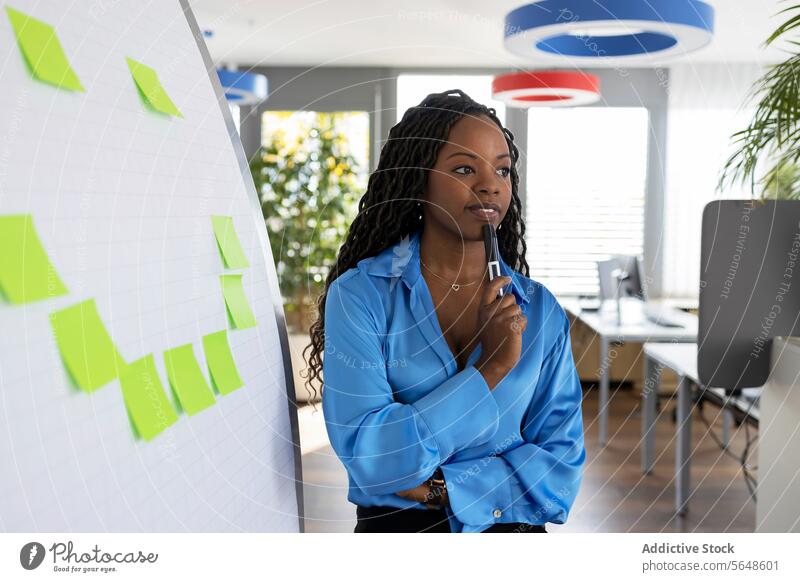 Nachdenkliche Geschäftsfrau, die einen Marker neben einem Flipchart im Büro hält Markierung Klebstoff Hinweis nachdenklich Präsentation Brainstorming Lächeln