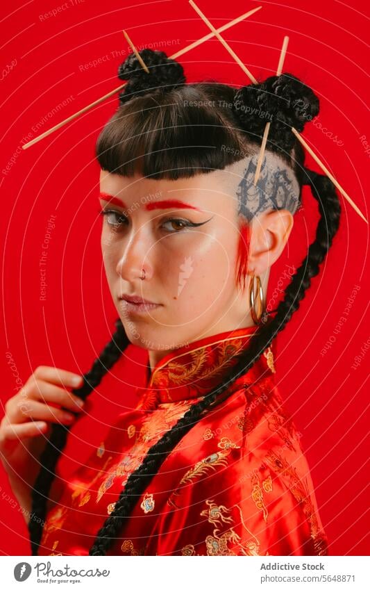 Modeporträt einer Frau in traditioneller asiatischer Kleidung Porträt asiatische Kleidung rot modern stylisch Pose Eleganz Haarstab Outfit jung