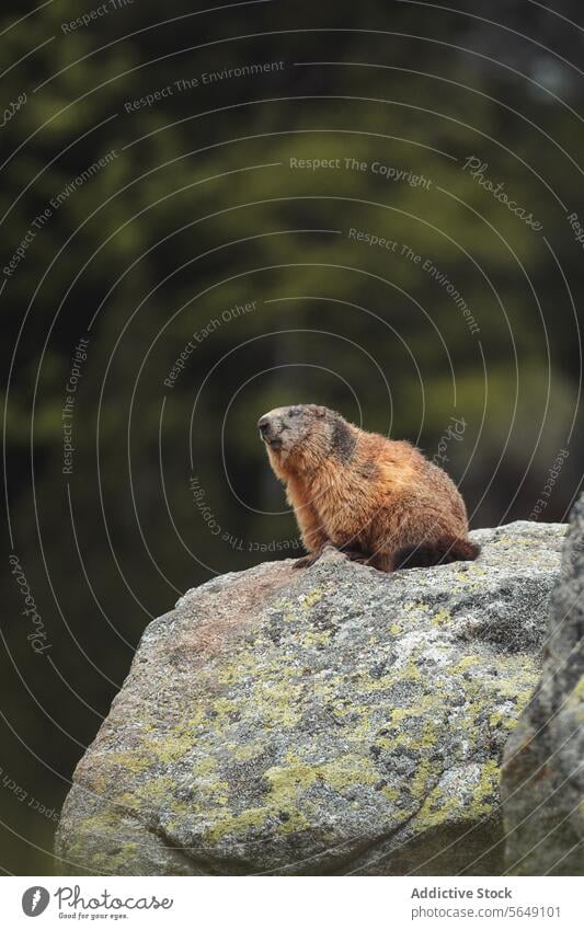 Niedliches Murmeltier sitzt auf einem Felsen in der Landschaft Berge u. Gebirge Natur Wald Tier wild Kreatur Moos Umwelt Tierwelt wenig Stein Nationalpark