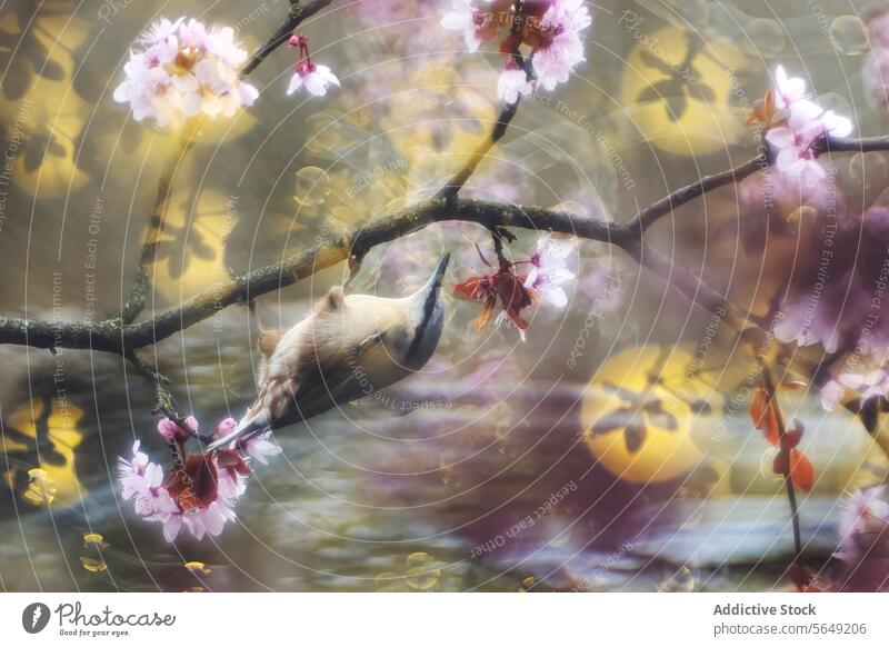 Ätherischer Vogel unter blühenden Kirschzweigen Kirschblüten Bokeh Ast Blume rosa weich bezaubernd filigran ätherisch Natur Frühling Licht verträumt Blütezeit