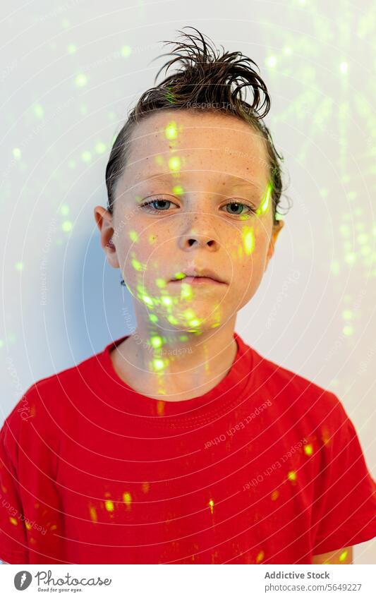 Seriöser Junge mit Frisur schaut in die Kamera in einem Studio mit Neonlicht Porträt neonfarbig Licht selbstbewusst ernst glühen Gesicht Atelier Kind Vorschein