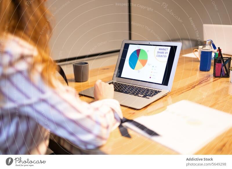 Anonyme Frau überprüft Tabellen auf dem Bildschirm eines Laptops in einem modernen Büro Netbook Geschäftsfrau prüfen Projekt Arbeit benutzend Browsen Diagramm