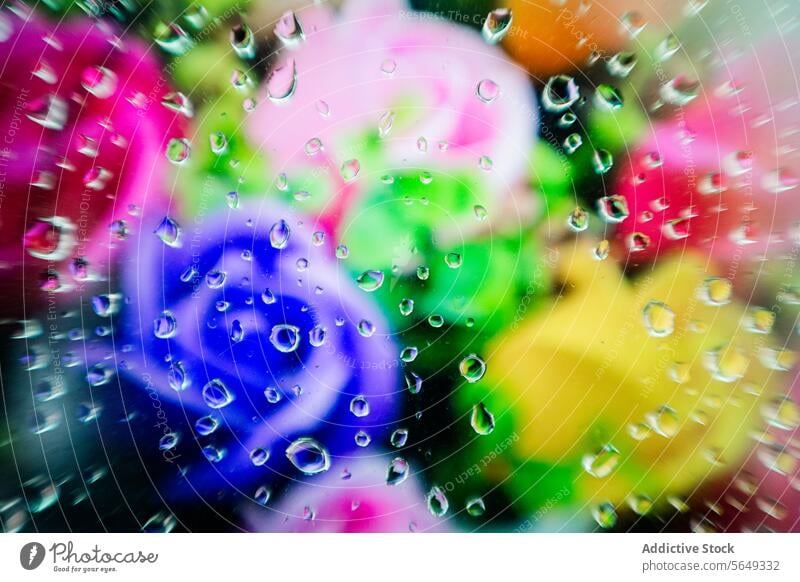 Wassertropfen auf Glas mit einem unscharfen Hintergrund aus leuchtenden Blumen in rosa, grünen und blauen Farbtönen Tröpfchen verschwommen pulsierend Tonung