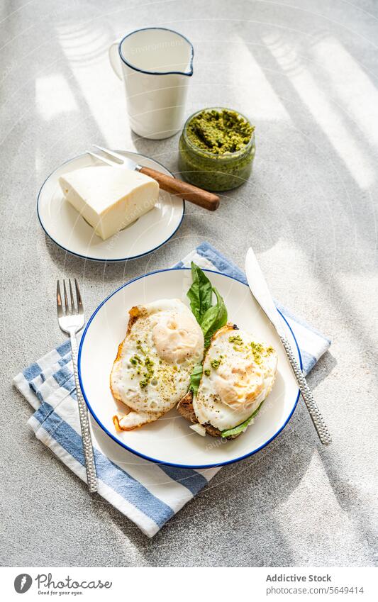 Teller mit einer gesunden Mahlzeit aus Toast mit Spiegeleiern, Blattspinat und Soße Saucen Gesundheit Zuprosten Pesto Frühstück Kraut dienen Käse lecker grün
