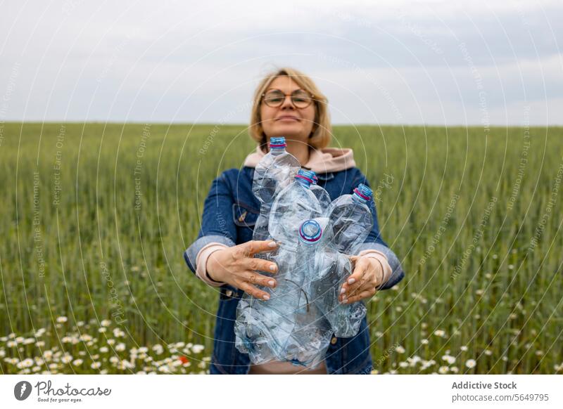 Glückliche Frau, die in die Kamera schaut, während sie Plastikabfälle für das Recycling zeigt Kunststoff Abfall Wiese Wildblumen Umwelt Erhaltung Aktivität