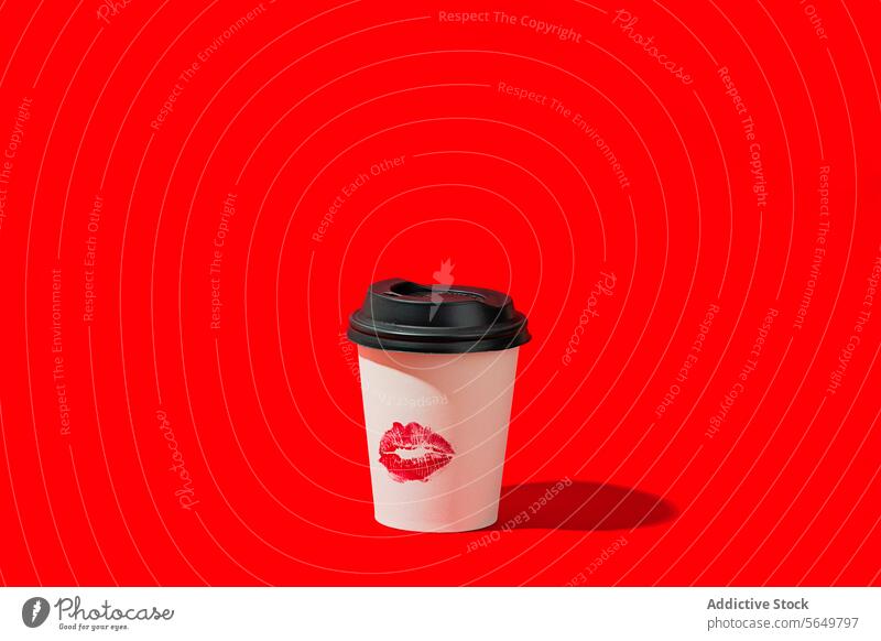 Einweg-Kaffeebecher mit Lippenstiftfleck auf rotem Hintergrund Tasse Einwegartikel roter Hintergrund Papier trinken Imbissbude Koffein Deckel Kontrast