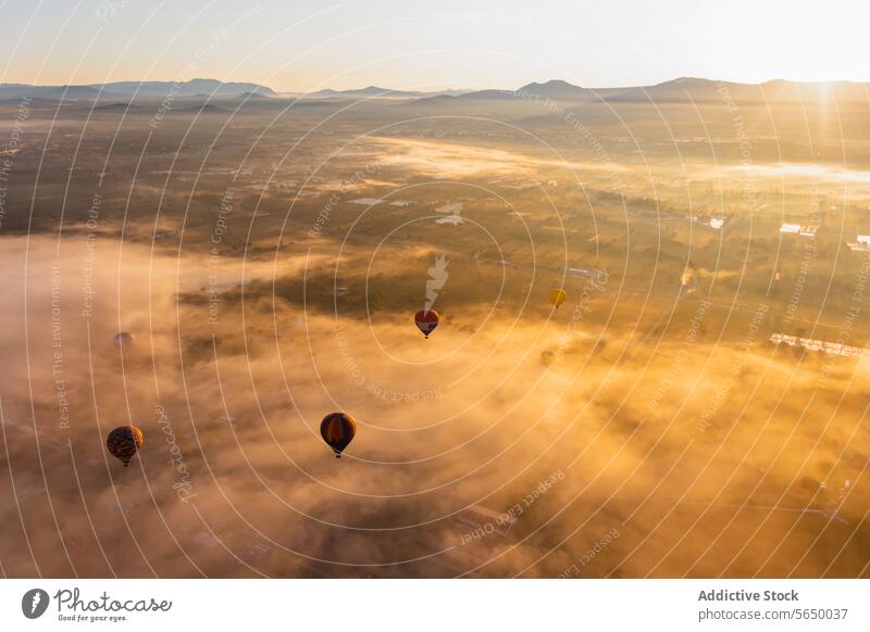 Von oben steigen mehrere bunte Heißluftballons über einer nebelverhangenen Landschaft auf, während die Sonne ein sanftes Licht auf die Szene wirft Ballone Nebel