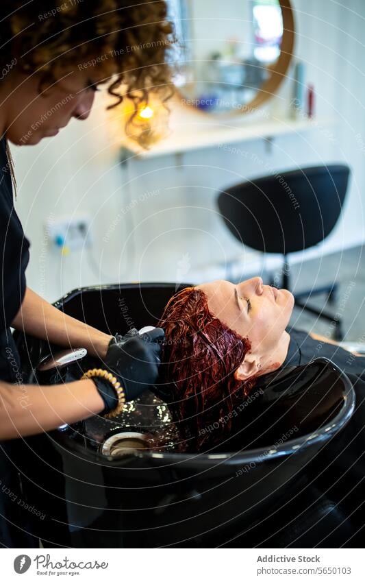 Haarpflegesitzung bei einem professionellen Friseur Frau Behaarung Haarfärbemittel Salon Behandlung Stylist Pflege Waschen nass Produkt Klient Schönheit Hygiene
