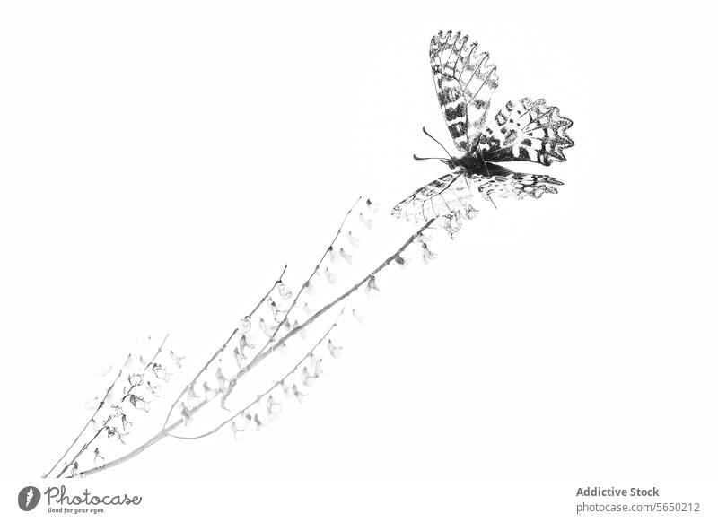 Einfarbiger Schmetterling auf einem zarten Stängel Monochrom schwarz weiß Kontrast kontrastreich Vorbau Pflanze Insekt Natur filigran Gelassenheit Einfachheit