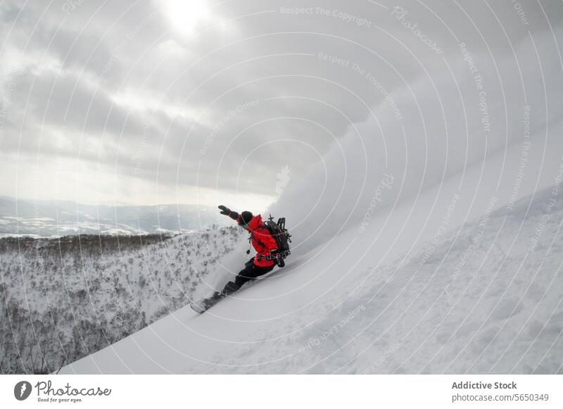 Aktive Person beim Snowboardfahren auf einem verschneiten Hügel Snowboarding Abenteuer Schnee Berge u. Gebirge Nackter Baum Himmel Urlaub genießen Japan
