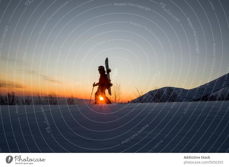 Person mit Skiern und Stöcken beim Wandern im Hochland Mann Sportbekleidung aktiv Mast Spaziergang Schnee Berge u. Gebirge Klarer Himmel Sonne schön
