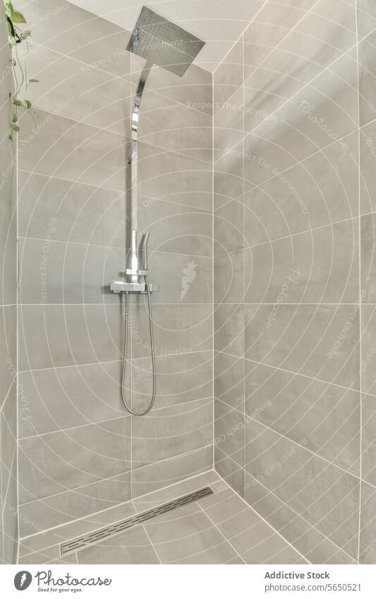 Duschkabine und graue Wände und Wasserhahn Bad Dusche Silber montiert Wand Fliesen u. Kacheln Stock Abfluss luxuriöses Appartement modern Zeitgenosse