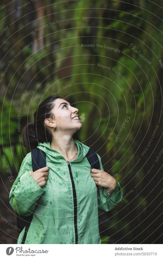 Lächelnde junge Frau in grünem Regenmantel, die beim Wandern an einer mit Moos bewachsenen Klippe nach oben schaut wandern aufschauend Nachlauf Wald deckend