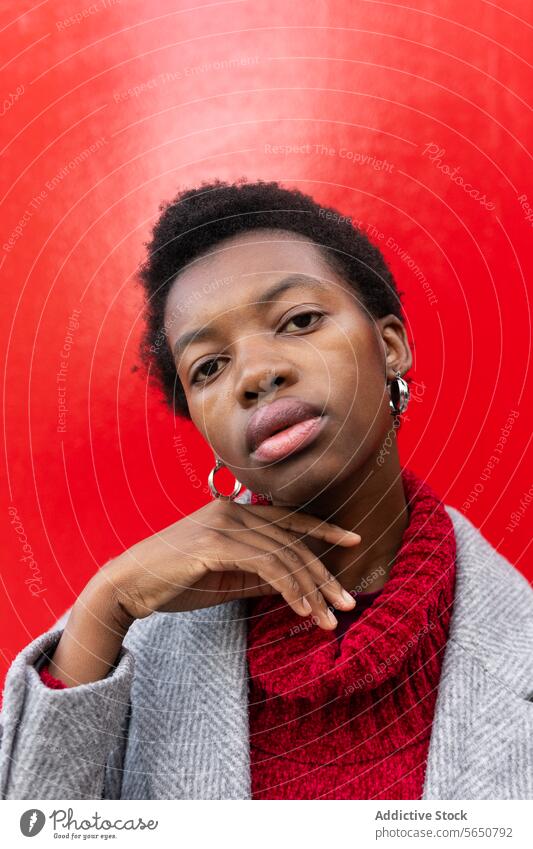 Schwarze Frau berührt Kinn vor rotem Hintergrund Stil Jacke Individualität Ohrringe Vorschein Persönlichkeit Pullover Kinn berühren Porträt schwarz Dame Wand