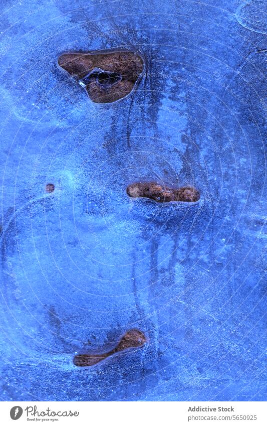 Eisige Texturen mit eingebetteten Steinen, die im frühen Winter ein natürliches Mosaik auf dem gefrorenen Boden bilden eisig eingelassen blau Frost kalt