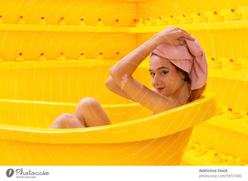 Frau in kontemplativem Moment in der Badewanne Handtuch gelb Gummiente Erholung beschaulich Freizeit Wellness hell Farbe Selbstfürsorge Windstille Monochrom Spa