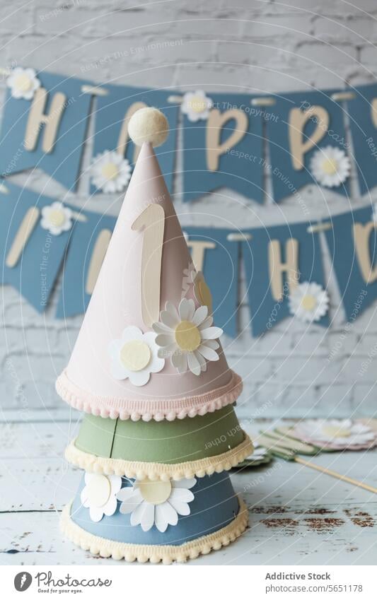 Elegante Handmade Geburtstag Party Hut Stack Dekoration & Verzierung handgefertigt Stapel geblümt elegant Hintergrund Pastell Feier Design festlich Transparente