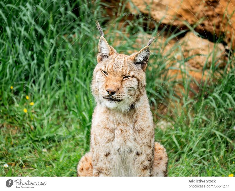 Lächelnder Luchs beim Ausruhen im Gras katzenhaft Tierwelt Natur Säugetier im Freien wild Raubtier Katze eurasischer Luchs aussruhen Gelassenheit Inhalt