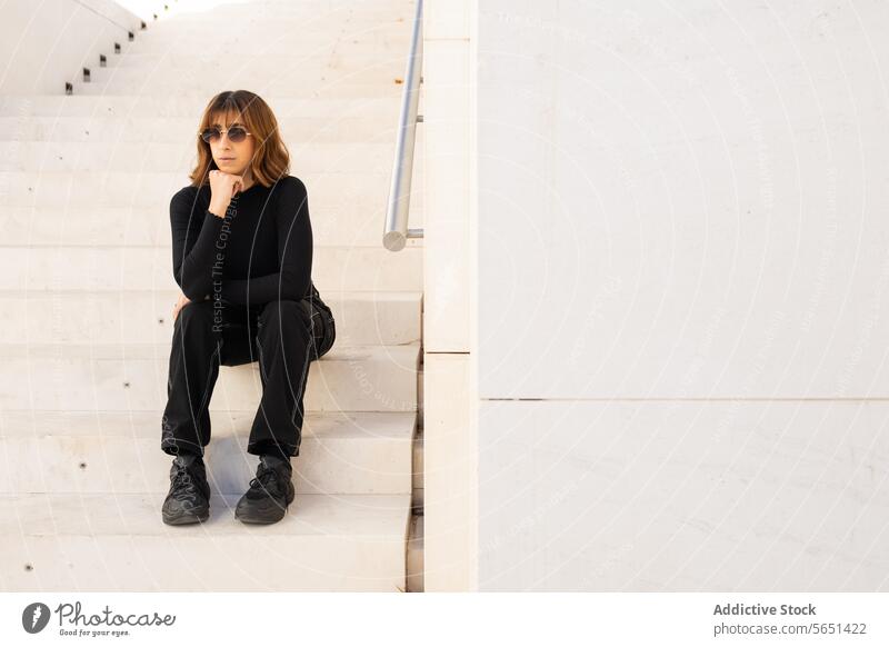 Nachdenkliche Frau in Freizeitkleidung auf einer Treppe sitzend Sitzen beschaulich Sonnenbrille schwarz Outfit lässig Stil urban allein Selbstbetrachtung weiß