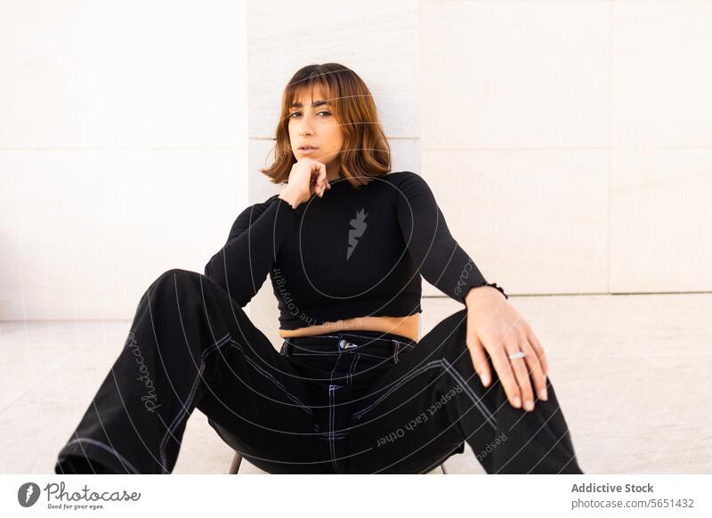 Stilvolle Frau, die in lässigem Outfit auf minimalistischem Hintergrund nachdenkt nachdenklich urban trendy schwarz Top Jeanshose Sitzen Mode schwarze Spitze