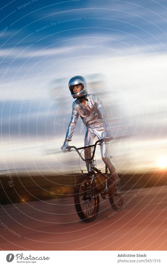 Stuntman führt abends Tricks auf dem Fahrrad vor Mitfahrgelegenheit Tracht ausführen Schutzhelm Sonnenuntergang Landschaft männlich Aktivität Fahrzeug wolkig