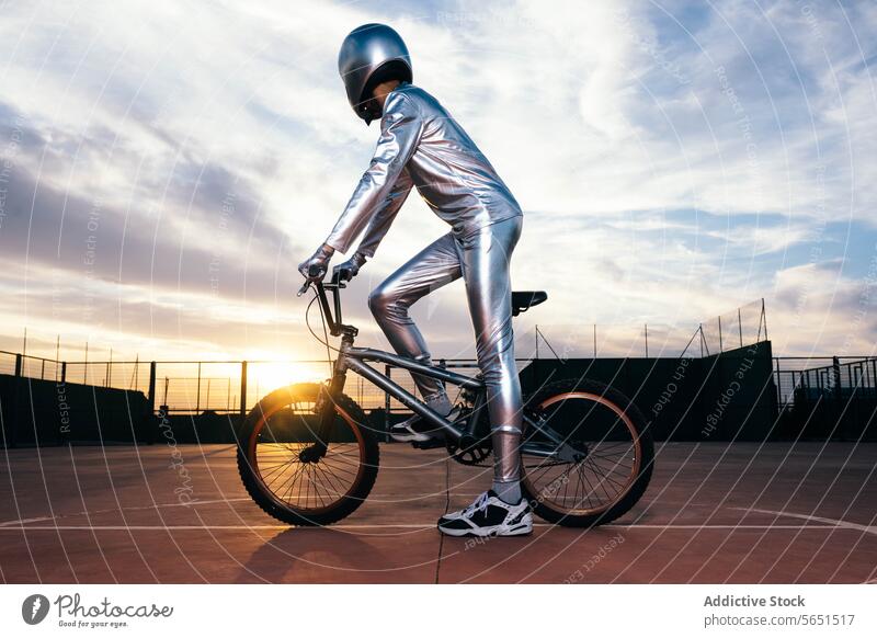 Unbekannter Stuntman führt abends Kunststücke auf dem Fahrrad vor Mitfahrgelegenheit Trick Tracht ausführen Schutzhelm Sonnenuntergang Landschaft männlich