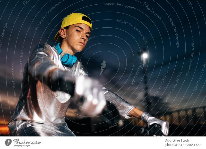 Junger Mann mit Mütze und Handschuhen auf dem Fahrrad bei Licht in der Natur Radfahrer Mitfahrgelegenheit Lenker Kopfhörer wolkig selbstbewusst Landschaft