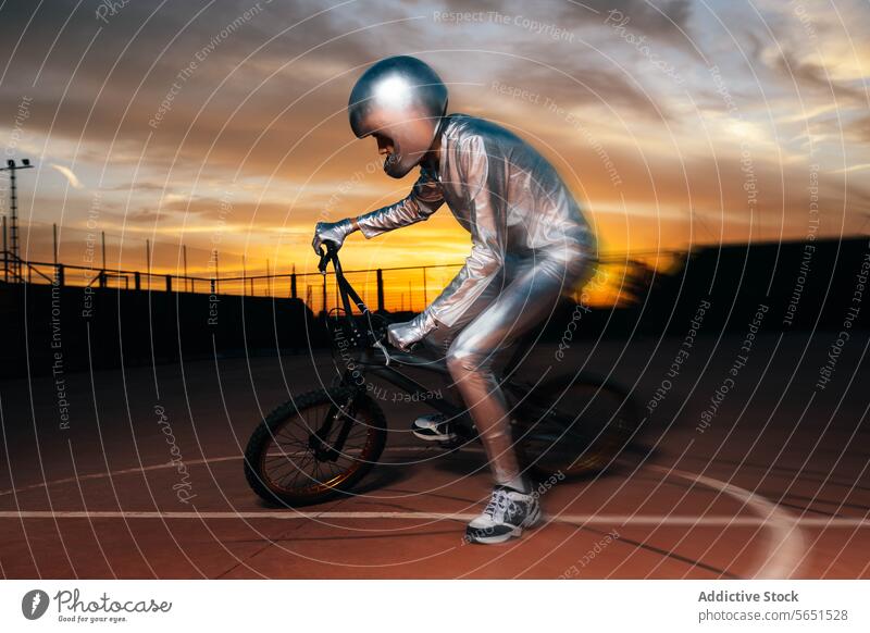 Unbekannter Stuntman führt abends Kunststücke auf dem Fahrrad vor Tracht Sicherheit Erholung unkenntlich wolkig Schutzhelm Ganzkörper Aktivität Wegsehen