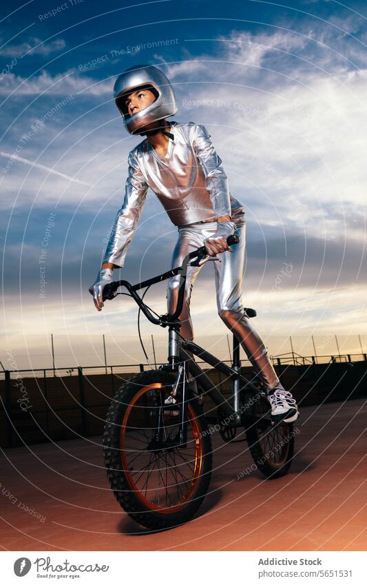 Stuntman führt abends Tricks auf dem Fahrrad vor Mitfahrgelegenheit Tracht ausführen Schutzhelm Sonnenuntergang Landschaft männlich Aktivität Fahrzeug wolkig