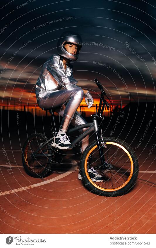 Unbekannter junger Mann mit Helm sitzt auf einem Fahrrad im Licht auf einem Sportplatz Stuntman Turnschuh Schutzhelm Handschuh wolkig selbstbewusst