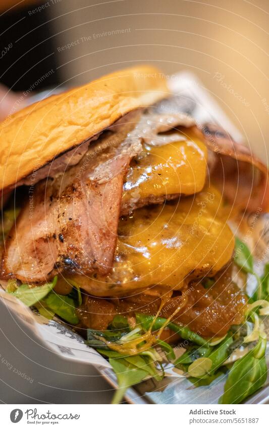 Gourmet-Rindfleisch-Burger mit geschmolzenem Cheddar, knusprigem Speck, karamellisierten Zwiebeln und frischem Grün auf einem Brioche-Brötchen, serviert auf einem mit Zeitungspapier ausgelegten Teller