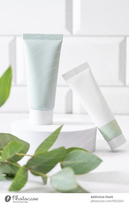 Hautpflegetuben mit natürlichen grünen Blättern auf weißem Hintergrund Kosmetik Tube Blatt Produkt Verpackung Sauberkeit Schönheit blanko kennzeichnen Sahne
